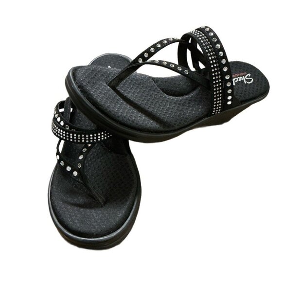Skechers Women's Black Rhinestone Wedge Flip Flop Sandals Memory Foam Size 9 - Picture 4 of 6